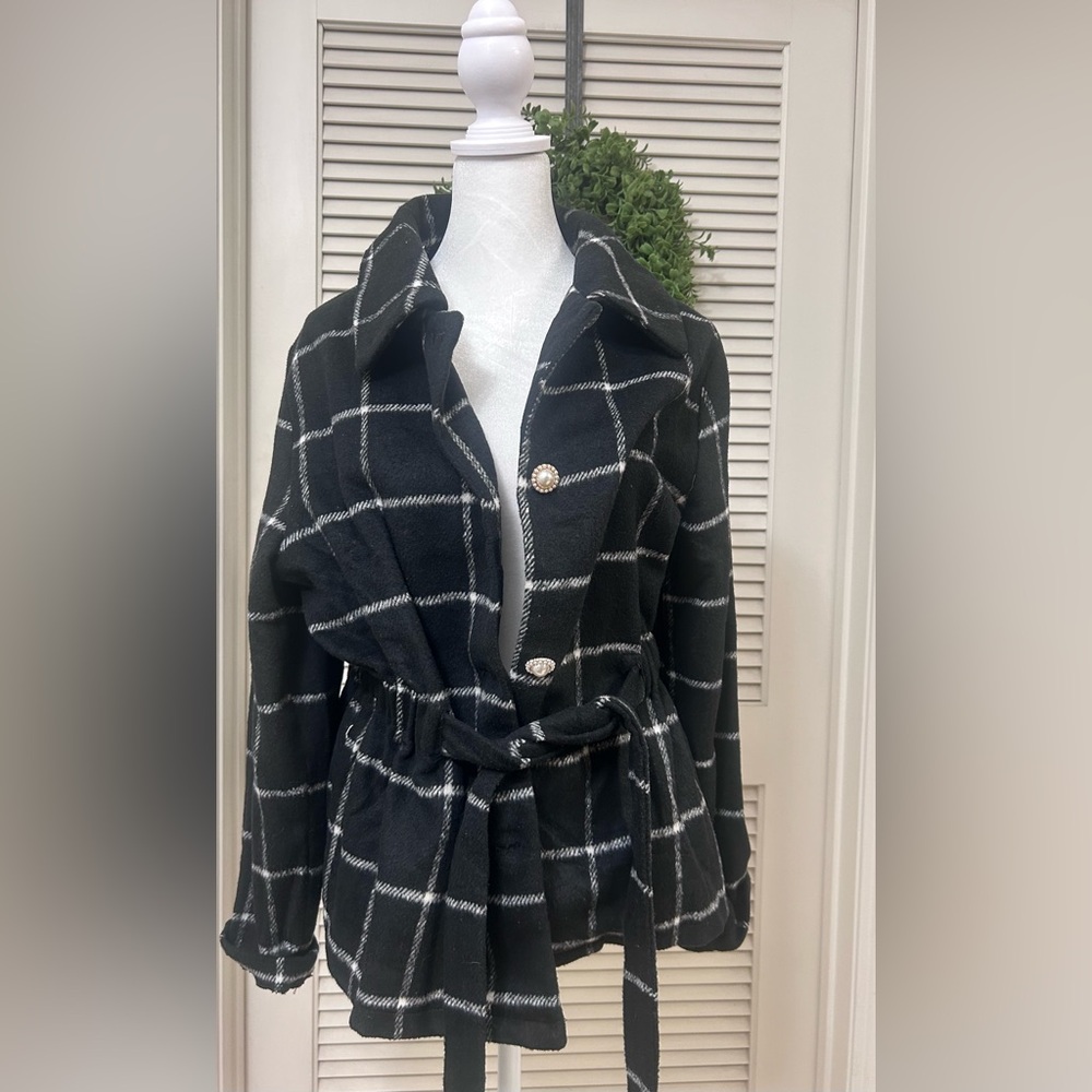Alice Blue Black Windowpane Belted Blazer